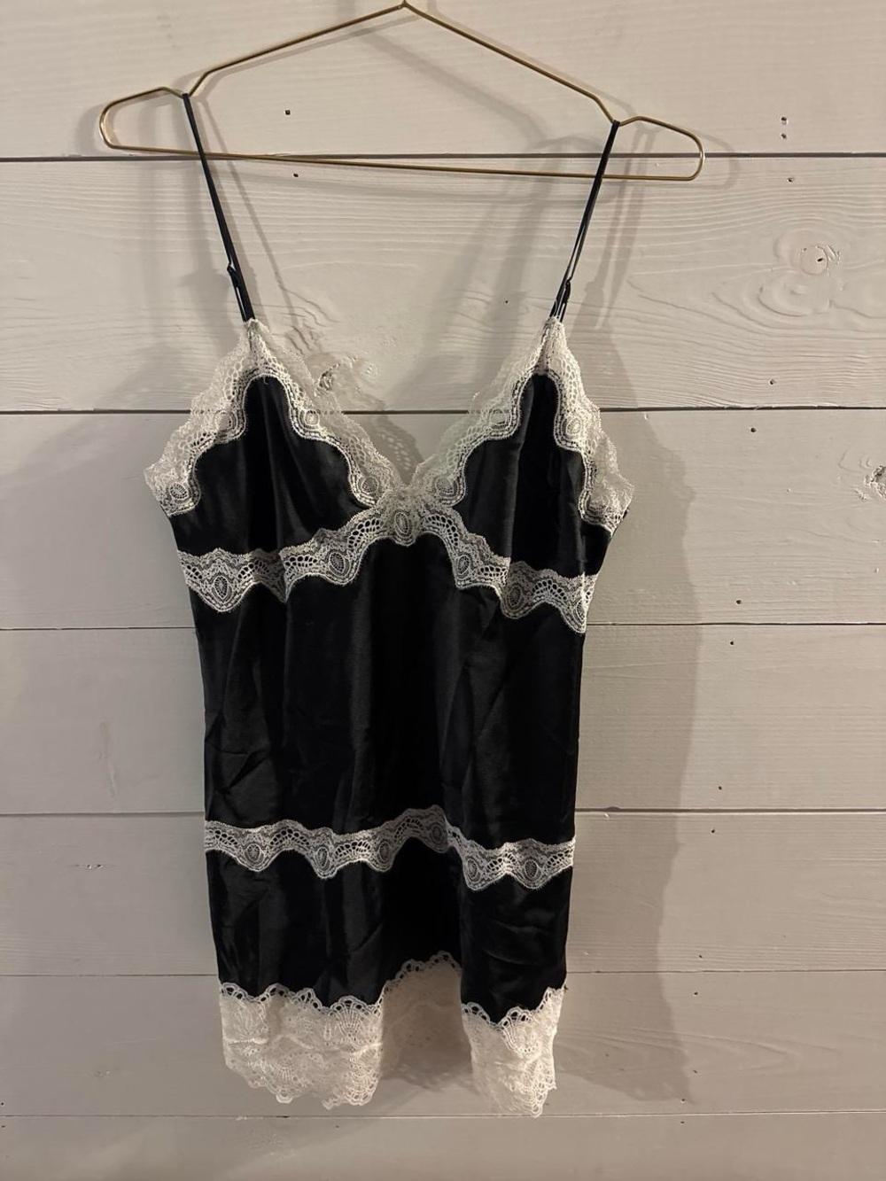 Victoria's Secret Black Satin Slip with White Lace Trim